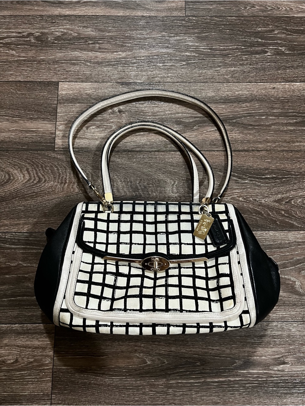 COACH Madison Graphic Black & White Grid Madeline Satchel with Shoulder Straps